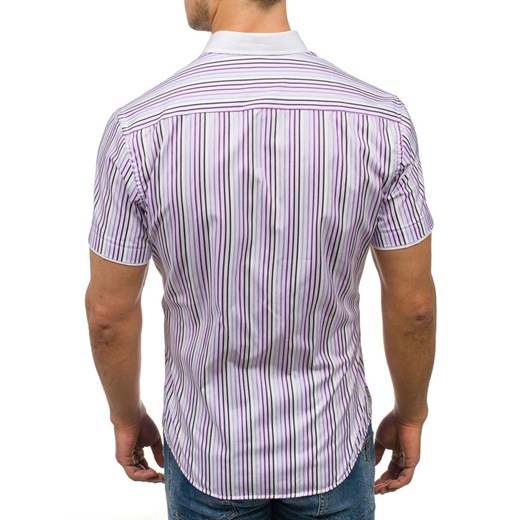 Koszula męska w paski z krótkim rękawem fioletowa Denley 5201  Denley L  promocja 