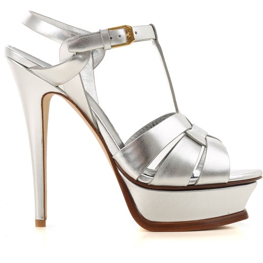 Sandały damskie Yves Saint Laurent srebrne skórzane eleganckie na wysokim obcasie na szpilce 