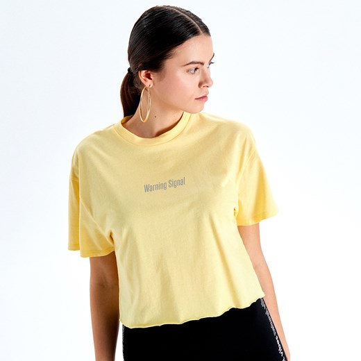 Bluzka damska Cropp żółta młodzieżowa z krótkim rękawem z okrągłym dekoltem 