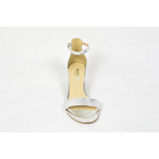 MargoShoes srebrne skórzane sandałki na niskim obcasie klocku zapinane wokół kostki skóra naturalna niski obcas srebrny sandałek