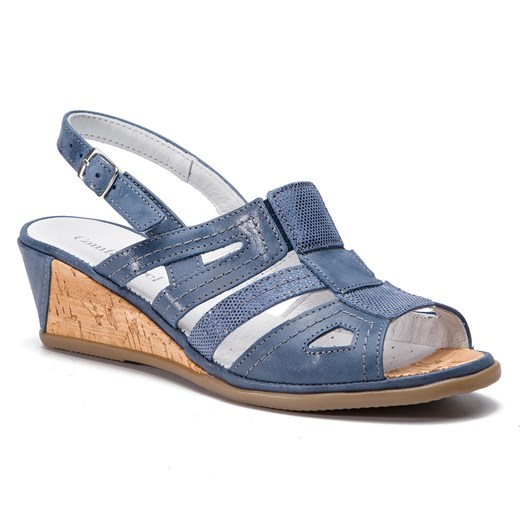 Comfortabel sandały damskie bez wzorów niebieskie z klamrą casualowe skórzane z niskim obcasem na koturnie 