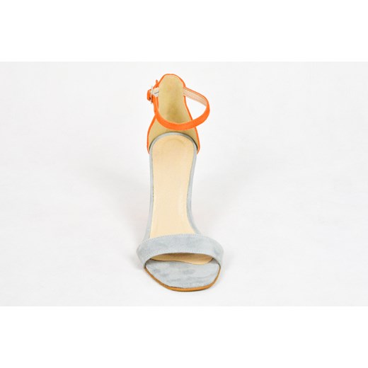 MargoShoes szare pomarańczowe skórzane sandałki na słupku zapinane klamerką skóra naturalna zamszowa sandały obcas słupek