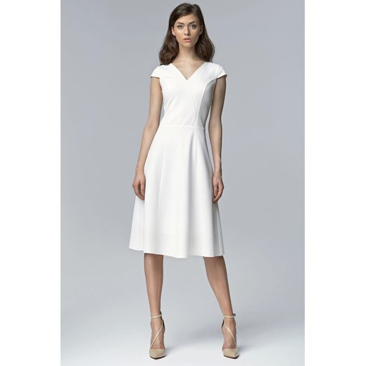 Sukienka Nife biała z krótkim rękawem z dekoltem w literę v midi trapezowa bez wzorów 