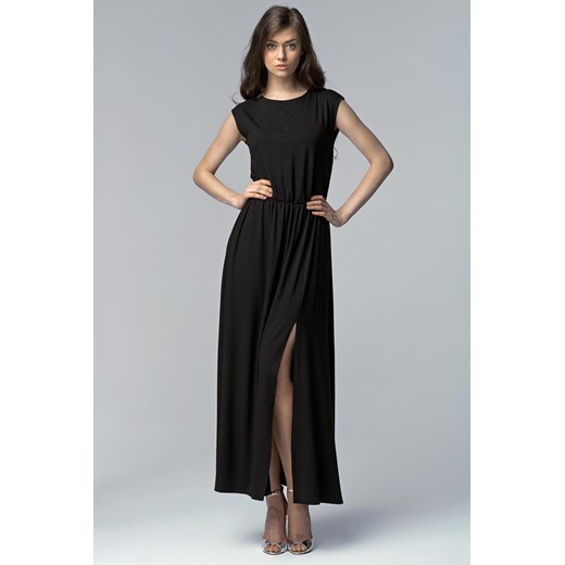 Sukienka Nife maxi czarna z okrągłym dekoltem z długim rękawem 