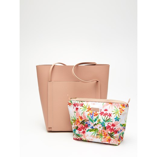 Shopper bag Cropp różowa z nadrukiem bez dodatków na ramię 