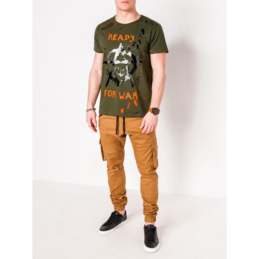 T-SHIRT MĘSKI Z NADRUKIEM S1090 - KHAKI  Ombre Clothing M ombre