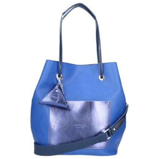 Shopper bag niebieska Chiara Design z tkaniny młodzieżowa z breloczkiem na ramię średniej wielkości 