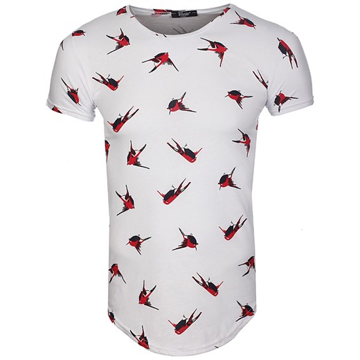 T-Shirt Męski z Nadrukiem w Ptaki Slim Fit od Neidio TS52 Biały