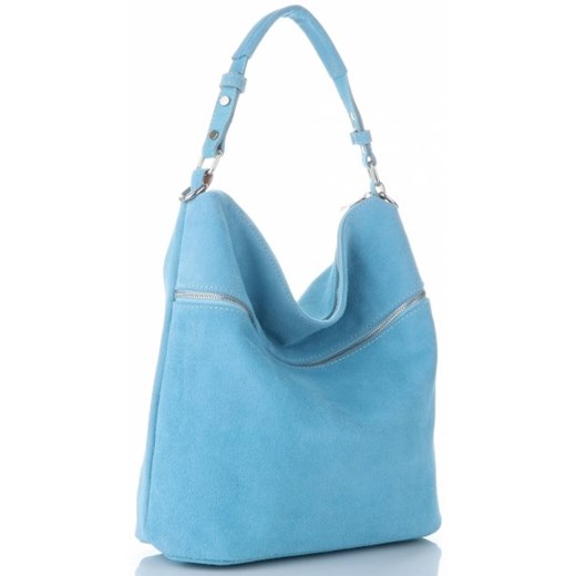 Shopper bag niebieska Genuine Leather ze skóry na ramię 