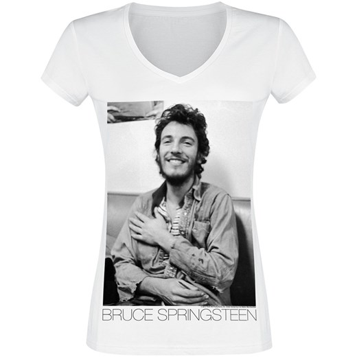Bluzka damska biała Bruce Springsteen w serek w stylu młodzieżowym z krótkim rękawem 