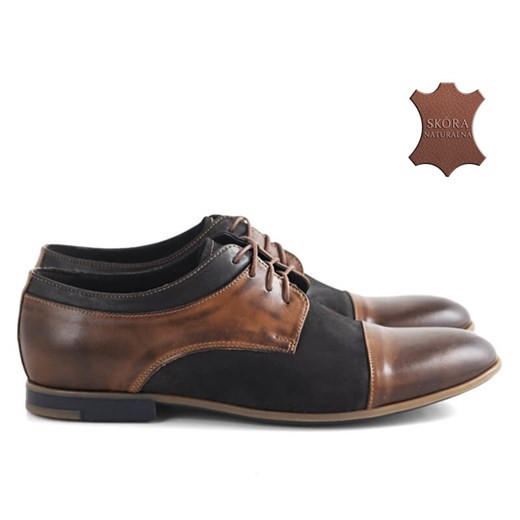 Skórzane wizytowe buty męskie z brązowymi wstawkami Myron czarne