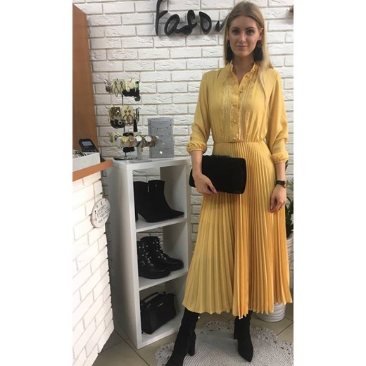 Sukienka żółta z żabotem z długim rękawem maxi 