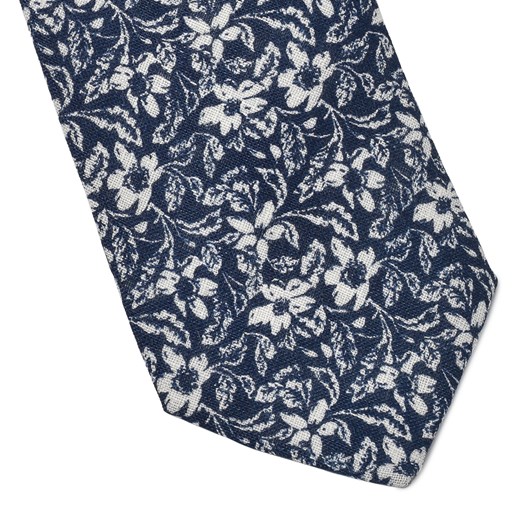 Granatowy krawat lniany w biały wzór kwiatowy  Van Thorn  EleganckiPan.com.pl