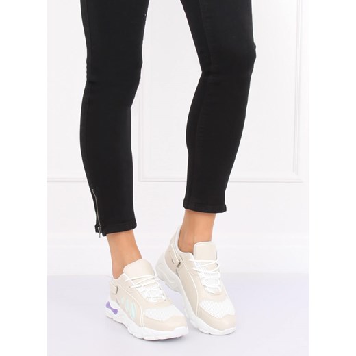 Buty sportowe damskie sneakersy płaskie z tkaniny beżowe bez wzorów sznurowane na wiosnę 