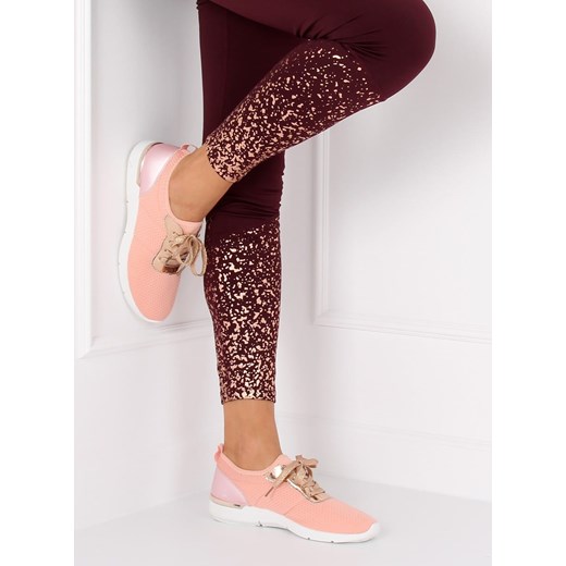 Buty sportowe damskie sneakersy różowe ze skóry ekologicznej na wiosnę bez wzorów sznurowane 