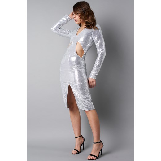 Sukienka NA-KD Party prosta srebrna z długimi rękawami 