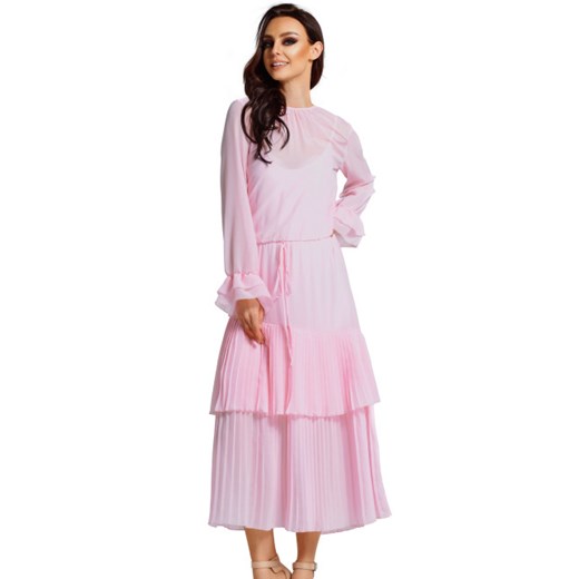 Sukienka Lemoniade różowa z okrągłym dekoltem z długim rękawem na karnawał maxi 