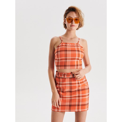 Cropp - Mini spódnica w kratę z paskiem - Pomarańczowy  Cropp XL 