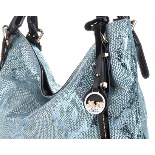 Shopper bag niebieska Velina Fabbiano bez dodatków lakierowana skórzana na ramię 