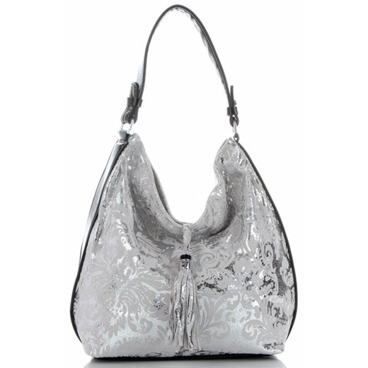 Shopper bag Velina Fabbiano srebrna skórzana na ramię lakierowana 