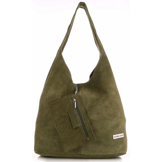 Oryginalne Torby Skórzane XL VITTORIA GOTTI Shopper Bag z Etui Zamsz Naturalny Zielona (kolory)