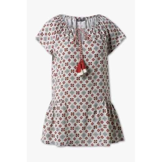 Yessica bluzka damska z wiskozy w abstrakcyjnym wzorze ze sznurowanym dekoltem z krótkim rękawem 