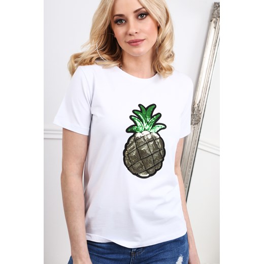 Biały t-shirt z cekinowym ananasem na przodzie 4175 fasardi  L fasardi.com