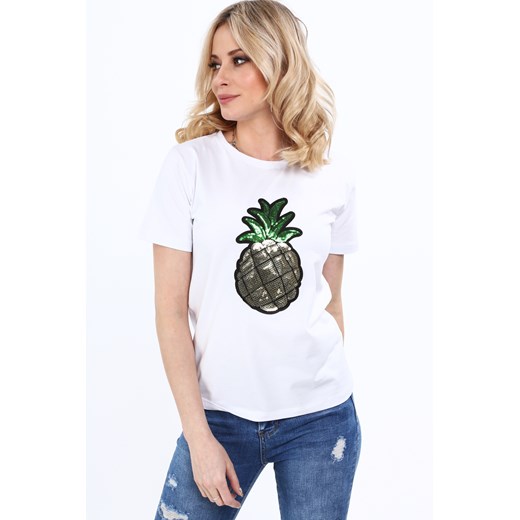 Biały t-shirt z cekinowym ananasem na przodzie 4175  fasardi L fasardi.com