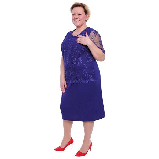 Sukienka midi niebieska z okrągłym dekoltem dla puszystych z krótkim rękawem 