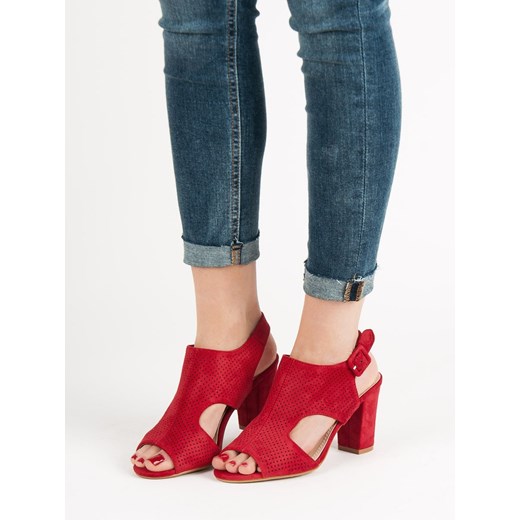 Sandały damskie czerwone CzasNaButy z klamrą na średnim obcasie bez wzorów eleganckie letnie 