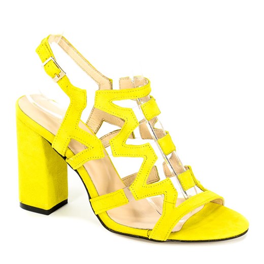 Sandały damskie Damiss żółte z klamrą młodzieżowe z zamszu na obcasie 