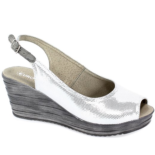 Euro Moda sandały damskie srebrne na średnim obcasie bez wzorów casual 