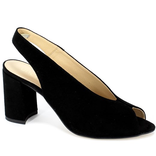 Czarne sandały damskie Uncome bez zapięcia eleganckie na średnim obcasie skórzane 