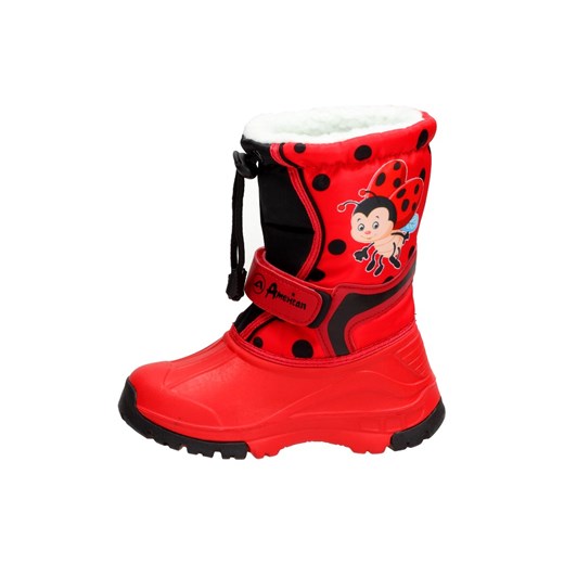 Buty zimowe dziecięce American Club czerwone śniegowce na rzepy w groszki 