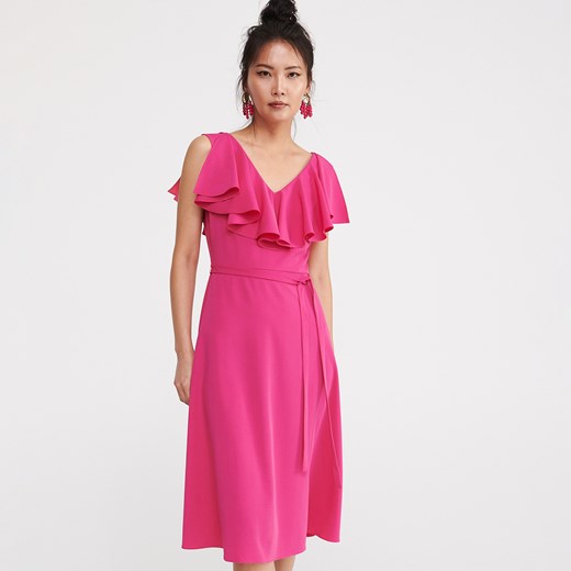 Sukienka Reserved bez wzorów różowa z dekoltem w serek bez rękawów trapezowa 