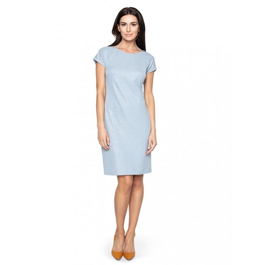 Sukienka Potis & Verso z tkaniny bez wzorów niebieska do pracy z krótkim rękawem z okrągłym dekoltem 