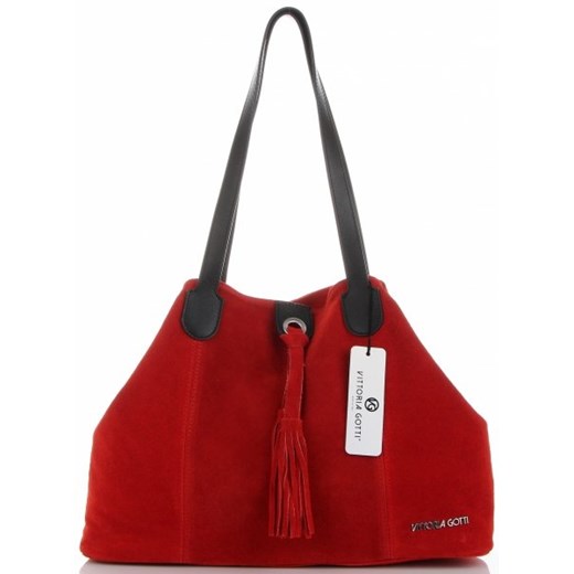 Shopper bag Vittoria Gotti ze skóry czerwona na ramię z frędzlami zamszowa 
