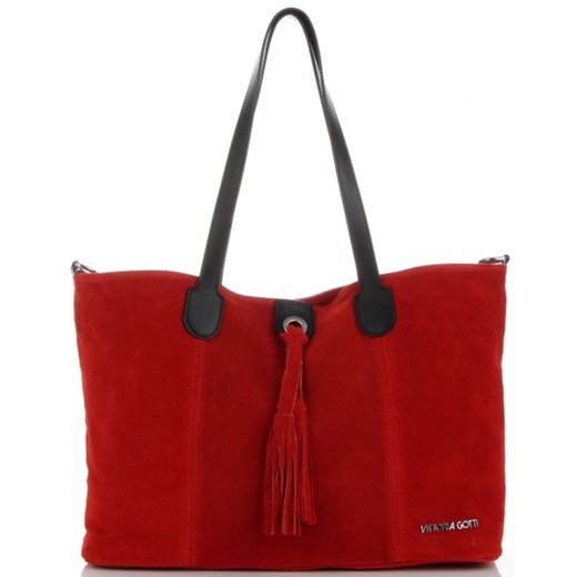 Shopper bag Vittoria Gotti czerwona duża ze skóry zamszowa z frędzlami 