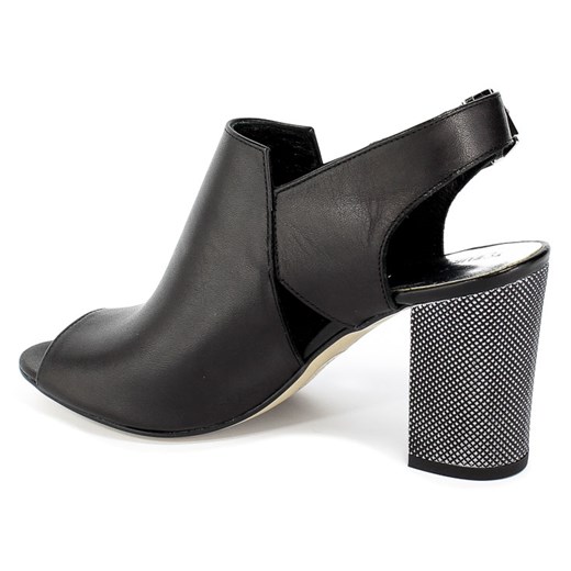 Czarne sandały damskie Euro Moda skórzane na obcasie na średnim z klamrą 