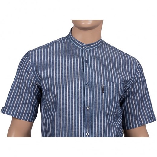 Niebieska koszula lniana na stójce w jasne paski z krótkim rękawem Aldo Vrandi  XL mensklep