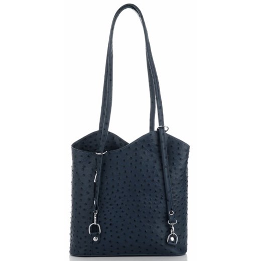 Shopper bag niebieska Genuine Leather skórzana bez dodatków na ramię 