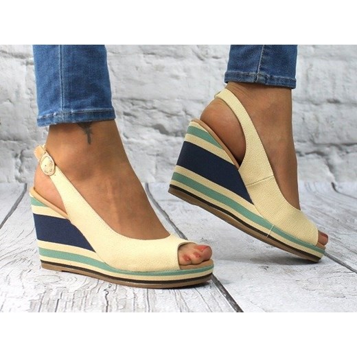 Lniane sandały damskie buty kolorowy koturn Klarysa