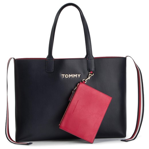Shopper bag Tommy Hilfiger z aplikacjami duża na ramię 
