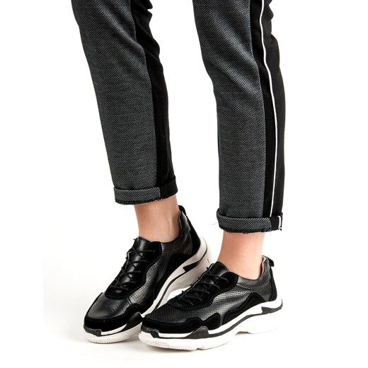 Buty sportowe damskie Goodin młodzieżowe czarne sznurowane ze skóry płaskie 