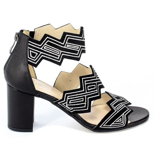 Sandały damskie Kordel czarne w abstrakcyjne wzory eleganckie skórzane na średnim obcasie 
