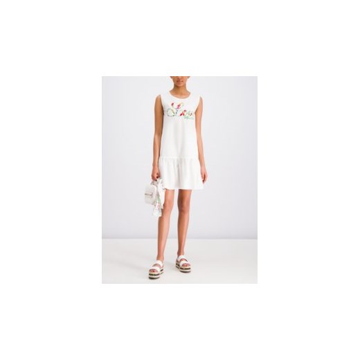Love Moschino sukienka biała z okrągłym dekoltem z napisami mini 