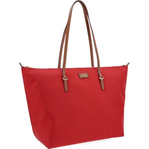 Shopper bag Lauren Ralph czerwona matowa bez dodatków mieszcząca a8 