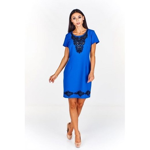 Sukienka Fokus z krótkim rękawem niebieska z okrągłym dekoltem midi 