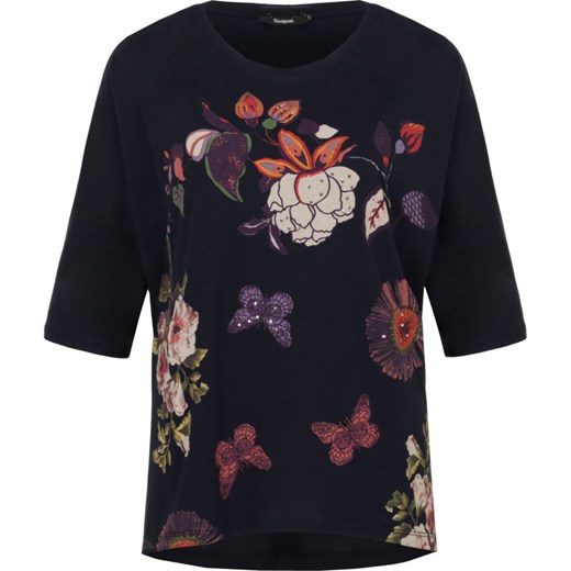 Czarna bluzka damska Desigual w kwiaty z krótkim rękawem z okrągłym dekoltem 