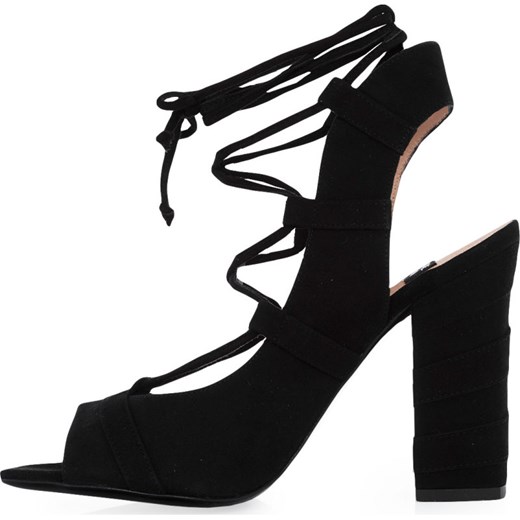 Sandały damskie Boutique Moschino czarne bez wzorów sznurowane na słupku eleganckie na wysokim obcasie skórzane 